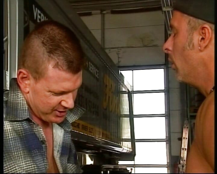 Pretty blonde German bitch fucked by two dudes in the workshop