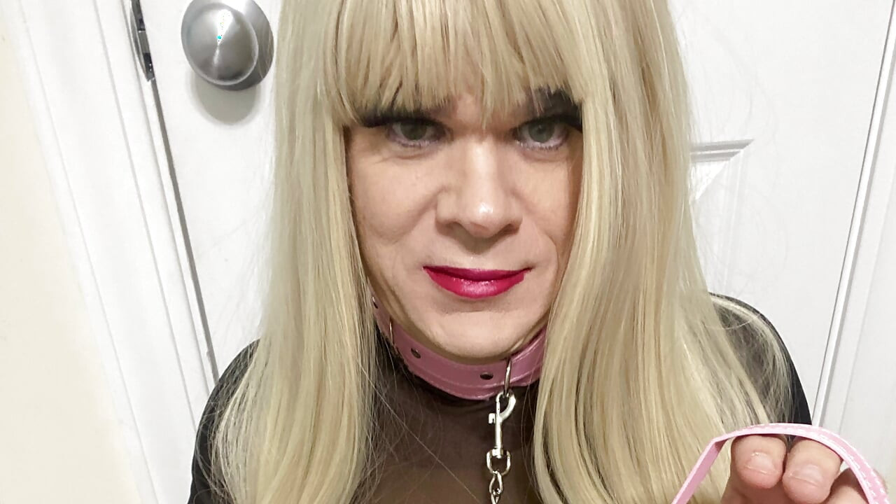 Slutty blonde whore CD Madison crossdressing while being chained for bdsm bondage