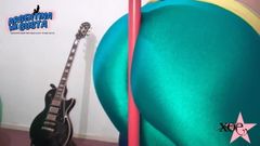 Deep Cameltoe in Green Shiny spandex. Round Ass White Latin
