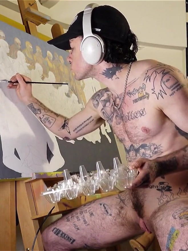 Horny Ftm Artist XXX Skips Works on a Painting While Getting His Pink Boy Pussy Pounded by a Fucking Machine