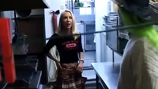 Wild French Babe Pleasing Two Cocks While Working in Kitchen