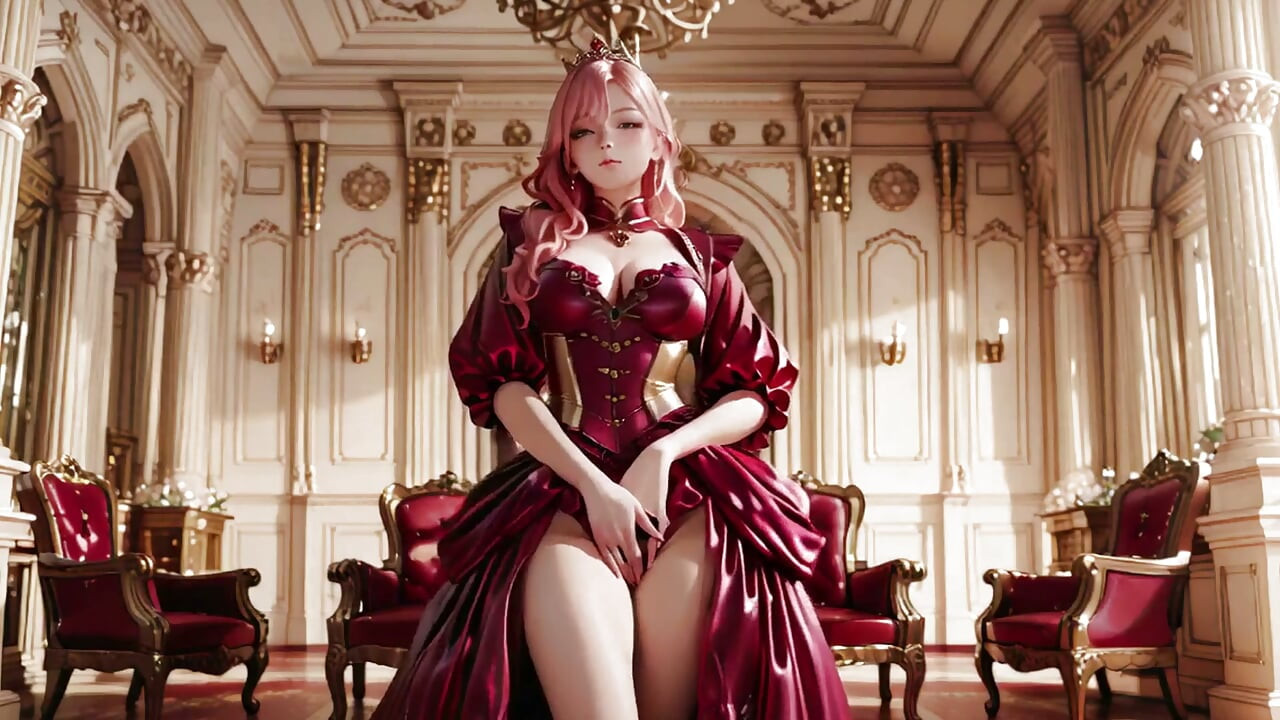 The Pink Queen's Coronation! Deep red silk, golden goblet, and a lazy gaze from the throne. Pure fantasy.