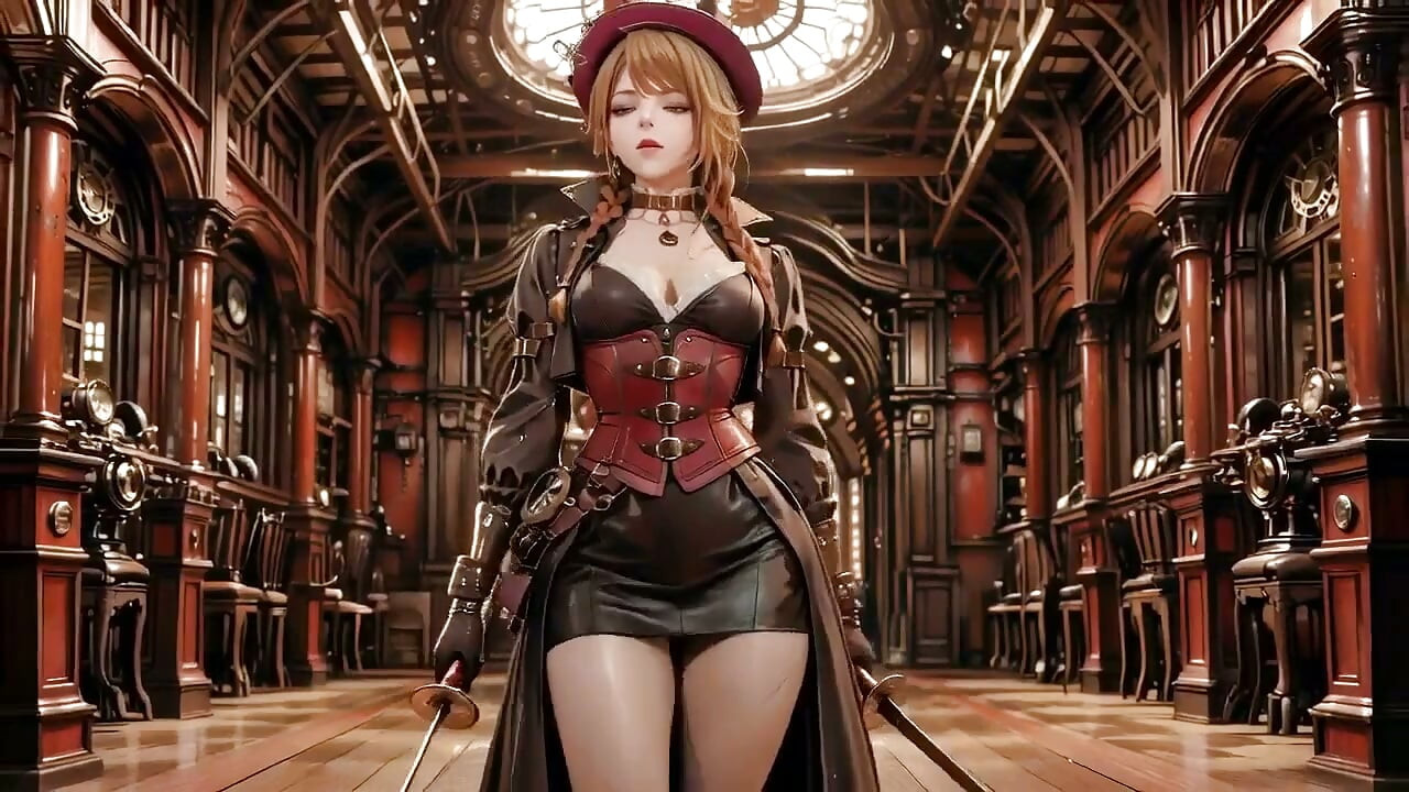 Awek Steampunk berambut merah! Black Bodysuit mengusik terhadap latar belakang putih tulen, dari elegan berdiri ke Gaze melutut.