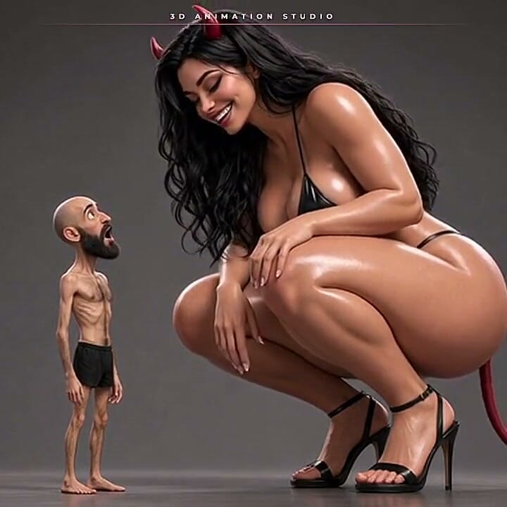 Giant She-devil Strips Topless for Her Tiny Bearded Man - He Kisses Her High Heel