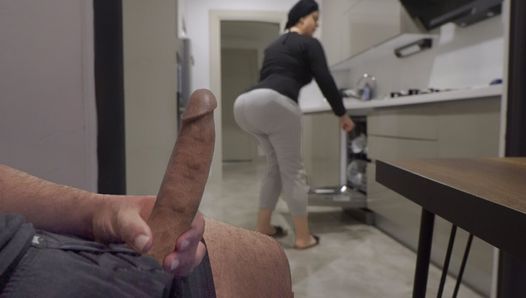 Stepmom caught me jerking off while watching her ass in the Kitchen.