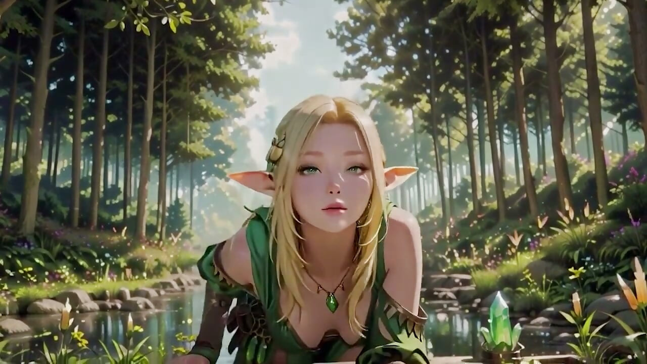 Forest Elf Queen! Ajoelhando-se na luz solar de Daunlight, suas pontas dos dedos traçando a equipe enquanto ela fica molhada.
