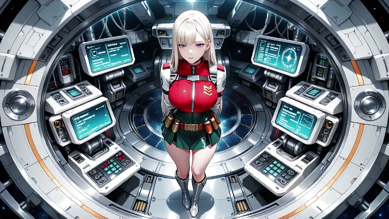 Private moments inside the futuristic spaceship where her white uniform is stretched to perfection.