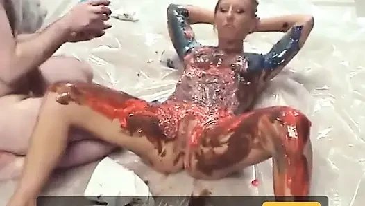 Sexy blond gets fucked and smeared with edible paint by neighbor