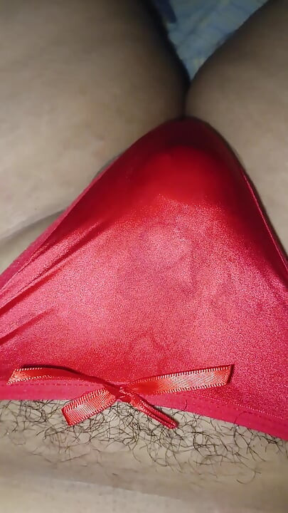 Wife's Sexy Red Thong Full of Cum!