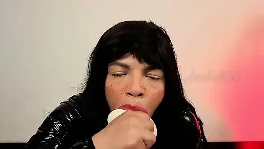Latex Fetish Condom in My Horny Mouth, I Swallow a Toy with a Condom and Explode Semen