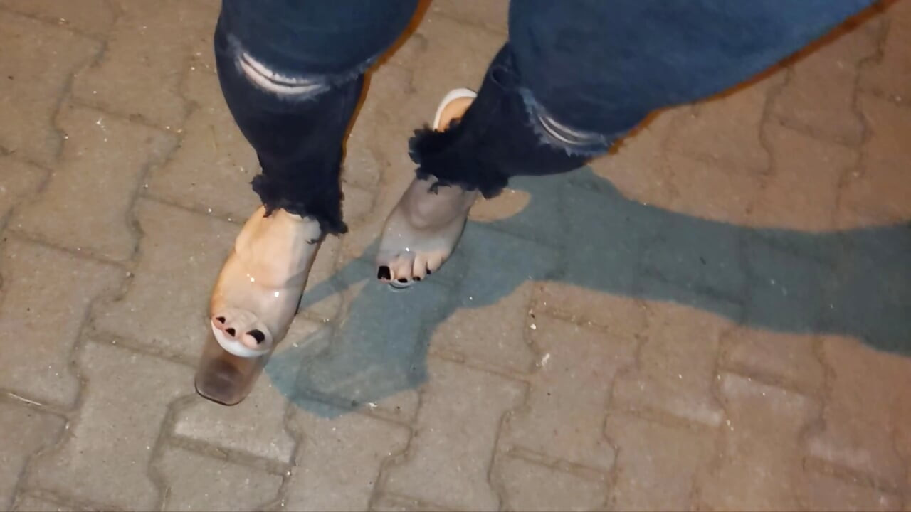 Sexy Feet & Legs in 20cm Sky-High Clear Stilettos - Ripped Jeans Tease