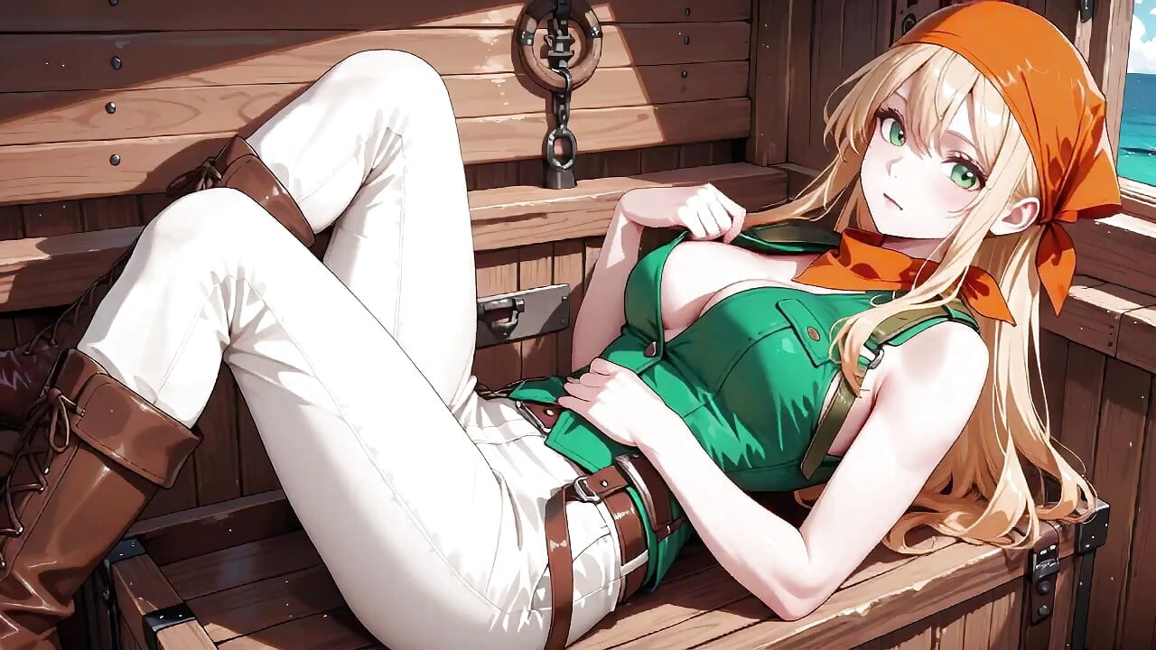 Blonder piraten-kapitän! Grüne Uniform & grobe Seile auf einem sonnigen Deck. Lange posen, lange beine bloßgestellt und dieser neckende blick