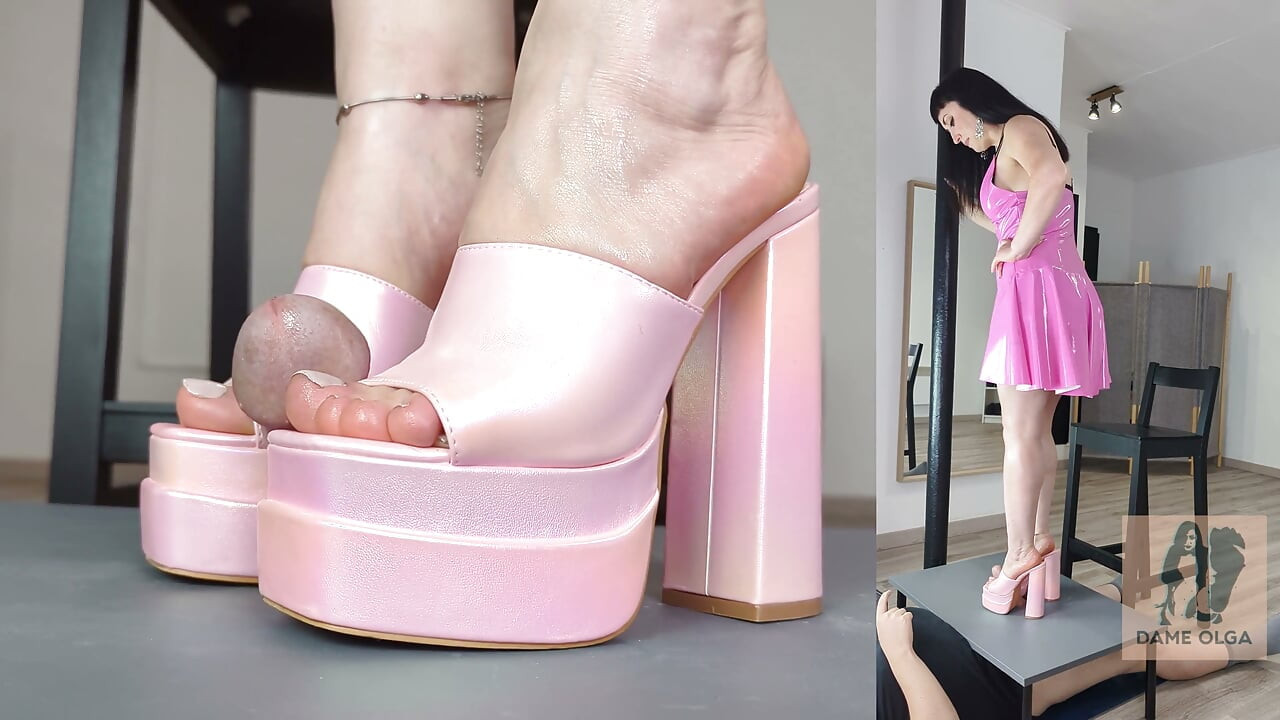 Shoejob & Cum on Pink Block Heel Mules Under Cock Table - Dame Olga 4K (746)