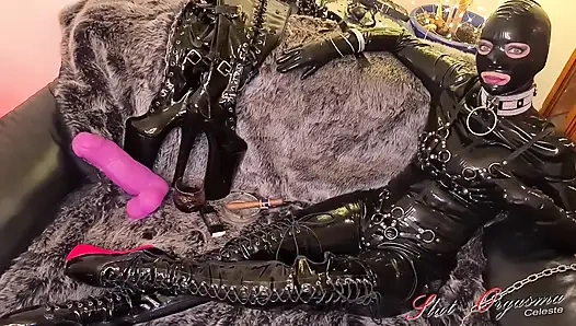 Slut-orgasma Celeste in black latex cigar smoking fetish and soft talking in German