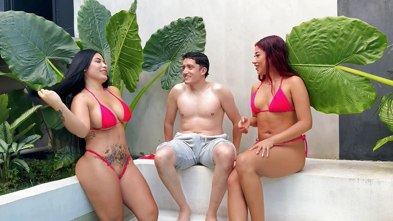 We Try To Be Alone In The Pool With My Friend But We End Up Fucking My Roommate Nerd, Unexpected Threesome