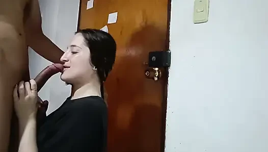 My stepsister welcomes me with a blowjob