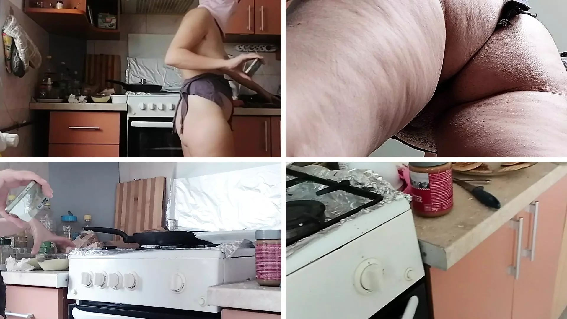 Brunette hairy pussy prepares breakfast naked in the kitchen. Sexy mom cleans the house naked.