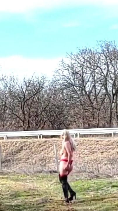 Little Whore Strips off Her Red Bodysuit on the Highway Part 1