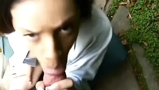 Brünettes schätzchen lutscht großen schwanz im freien zu explosivem orgasmus