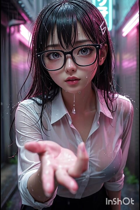 Cute Asian 3d anime girl waves you to her in the alley in the rain