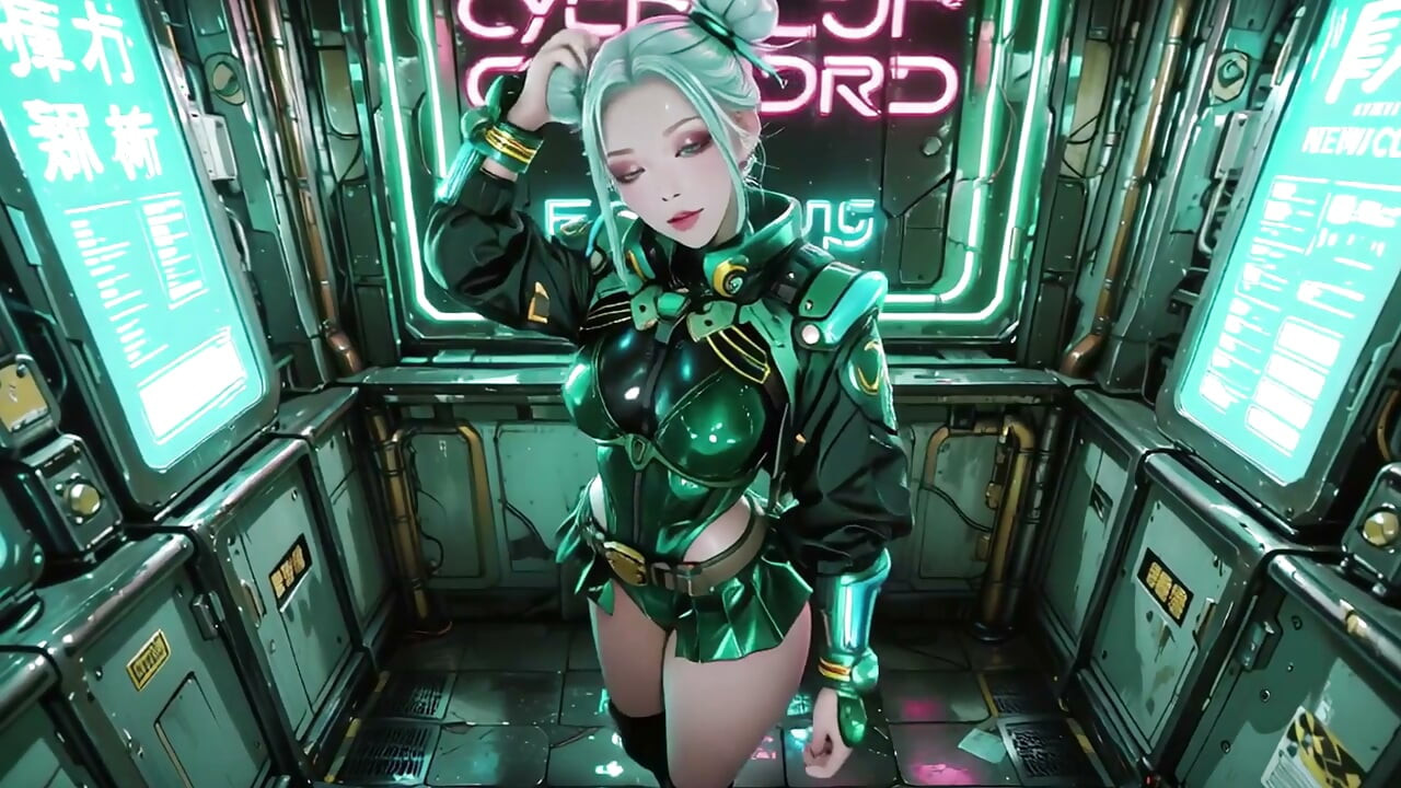 ¡La chica blindada verde! Valkiria de cabello plateado arrodillada y mirando hacia atrás, con las yemas de los dedos recorriendo su frío traje metálico.