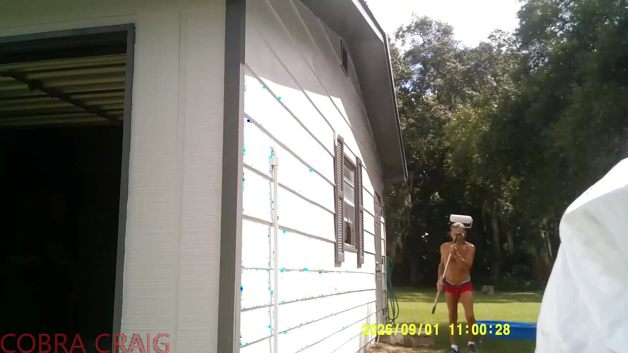 9-1-2026 COBRA CRAIG PAINTS IN HIS TINY RED SHORTS. 64YO. IN THE HEAT AND HUMIDITY.  ROCKS IT
