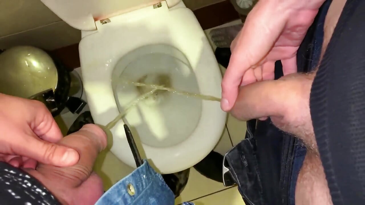 Pissing Together Then Jerk Together, but Cant Cum, Someone Comes