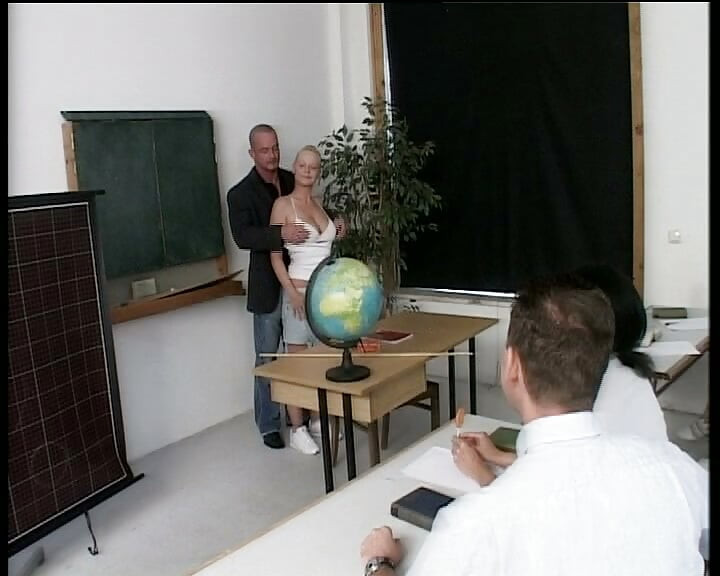 Tiny German teen doll fucked in hard threesome in the classroom