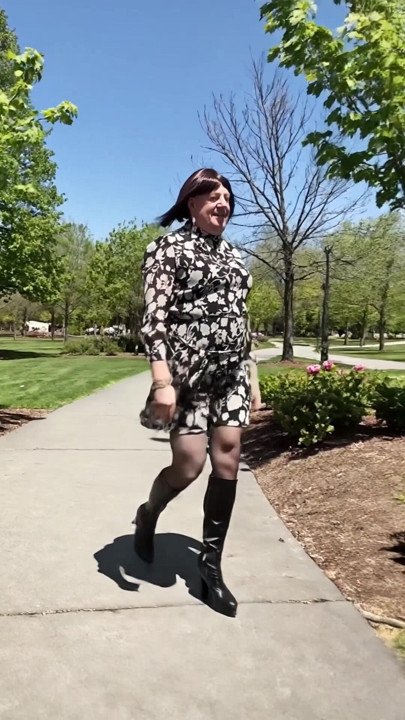 Nicolette Walk in a Park with high-heeled boots and pantyhose