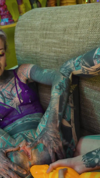 Double Tattooed Bottoms Inked-up Girls Take a Big Cock Together | Clip 1