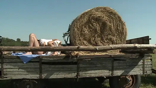 The lucky guy in an outdoor sex with brunette