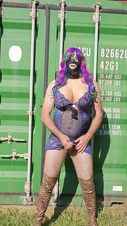 Gigantic fake tits crossdresser in lingerie masturbating outside | Clip 1