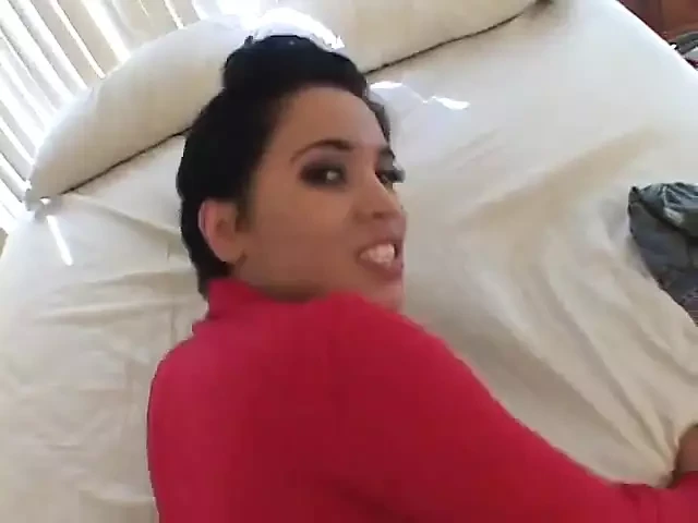 Gorgeous dark haired big tit beauty gets a cock filling up her tight little slit