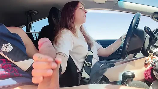 Risky Car Handjob While Driving  She Jerks Me Off Until I Explode