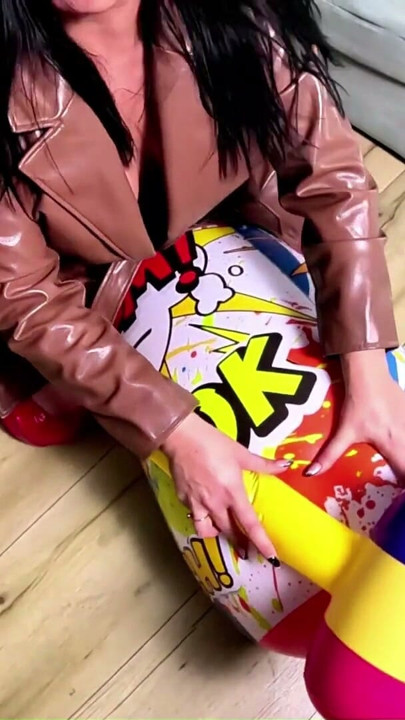 Dominant Leather MILF with Giant Inflatable Hammer. Doggy, Cum Play and Popping | Clip 2