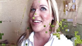 Blonde Beauty with Amazing Tits Drops to Her Knees and Sucks Guy off Then Fucks