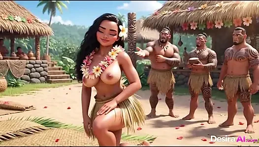 Exotic hula beauty on all fours, tribal men watching her curves (AI Generated)