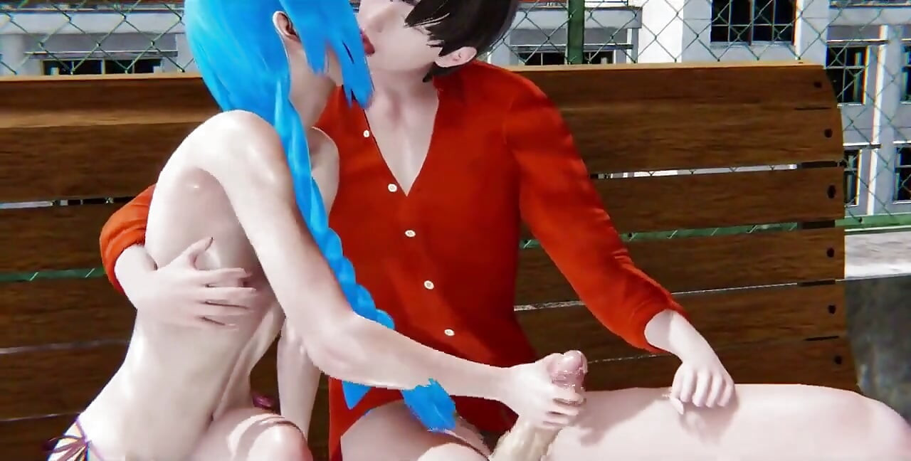 Jinx Rips a Man's Cock in Public - Lol Jinx Park Bench Handjob