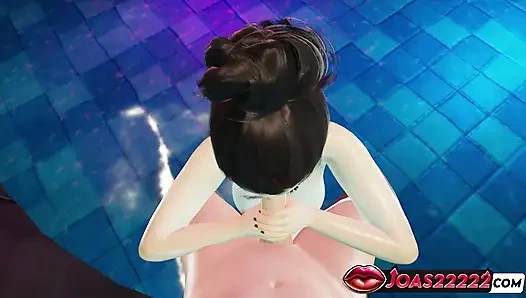 Сексуальный бассейн Kojuro, 3D хентай - грязный минет с водой, Лизание уздечки, камшот у глорихола