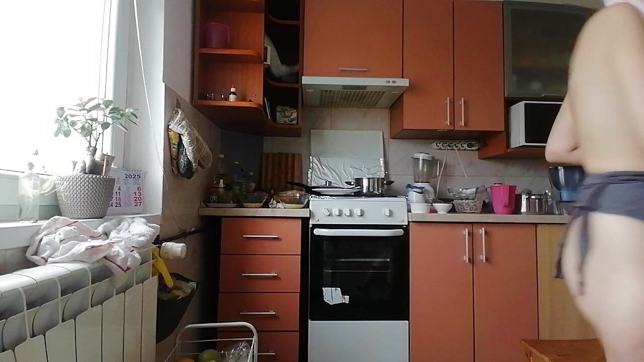 Sexy mom prepares breakfast, hairy pussy, big tits. Sexy wife cleans the house, hairy pussy, big ass.