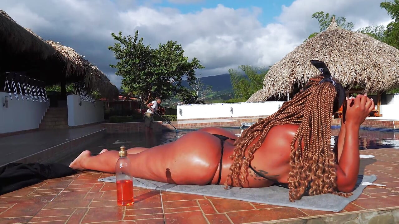 ebony brunette gets fucked on the terrace by her gardener with a huge cock