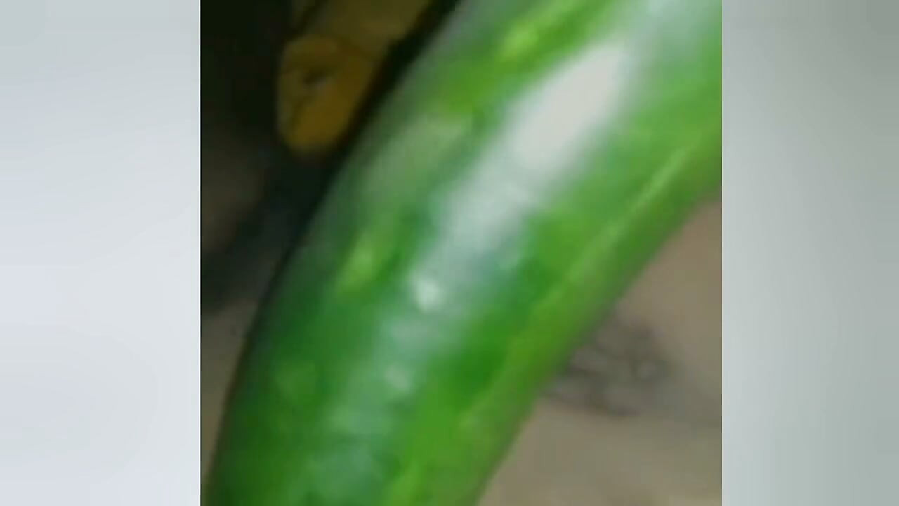 A young woman, suffering from the pain of not having her partner near her, is inserting a cucumber into her pussy.