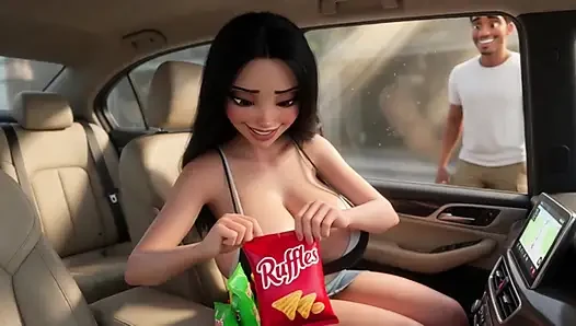 Si cewek seksi rambut cokelat menggoda pedagang makanan ringan di dalam mobil dengan toket besar dan garis kecokelatan - eksibisualis hot bagian 1 (ai generated)