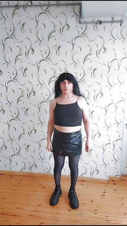 Pretty Gothic Princess Femboy in Leather Skirt and Hot Tights Sweet Attractive Body