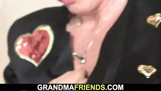 Two friends pick up and bang hairy skinny granny