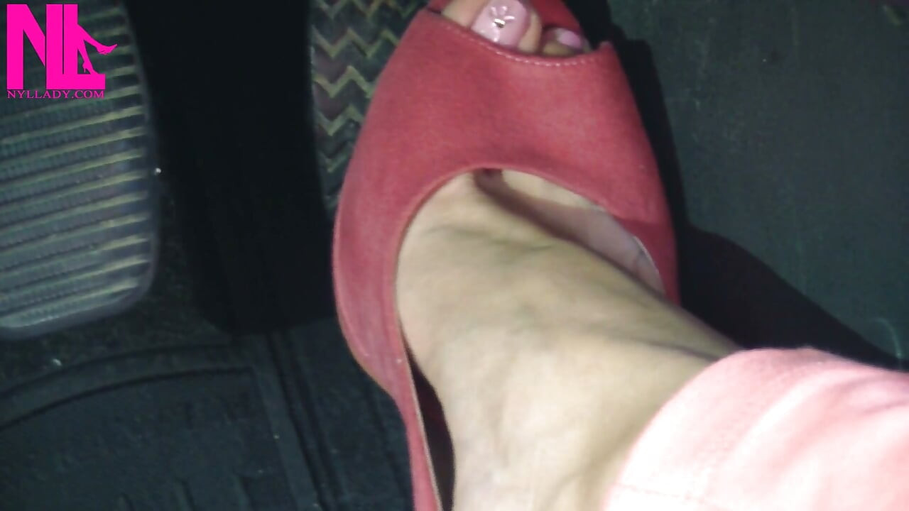 Barefoot Driving and Revving in Vivid Pink High Heeled Sandals