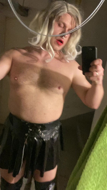 Knee-high heel boots and leather mini on the ass. Wonderful crossdresser clothes. Basement fuck rag for free!