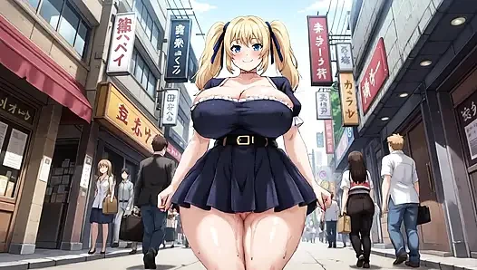 Walking on a lively street with her lower body exposed