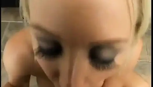Blonde with amazing tits shows off her sucking skills and gets jizzed