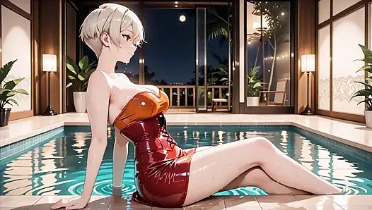 Can't Resist Her Shine: Busty Platinum in Red Corset Bedroom Heat